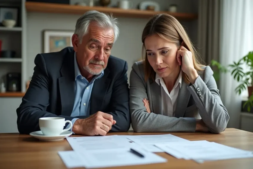 divorcing couple reviewing important legal documents during family separation